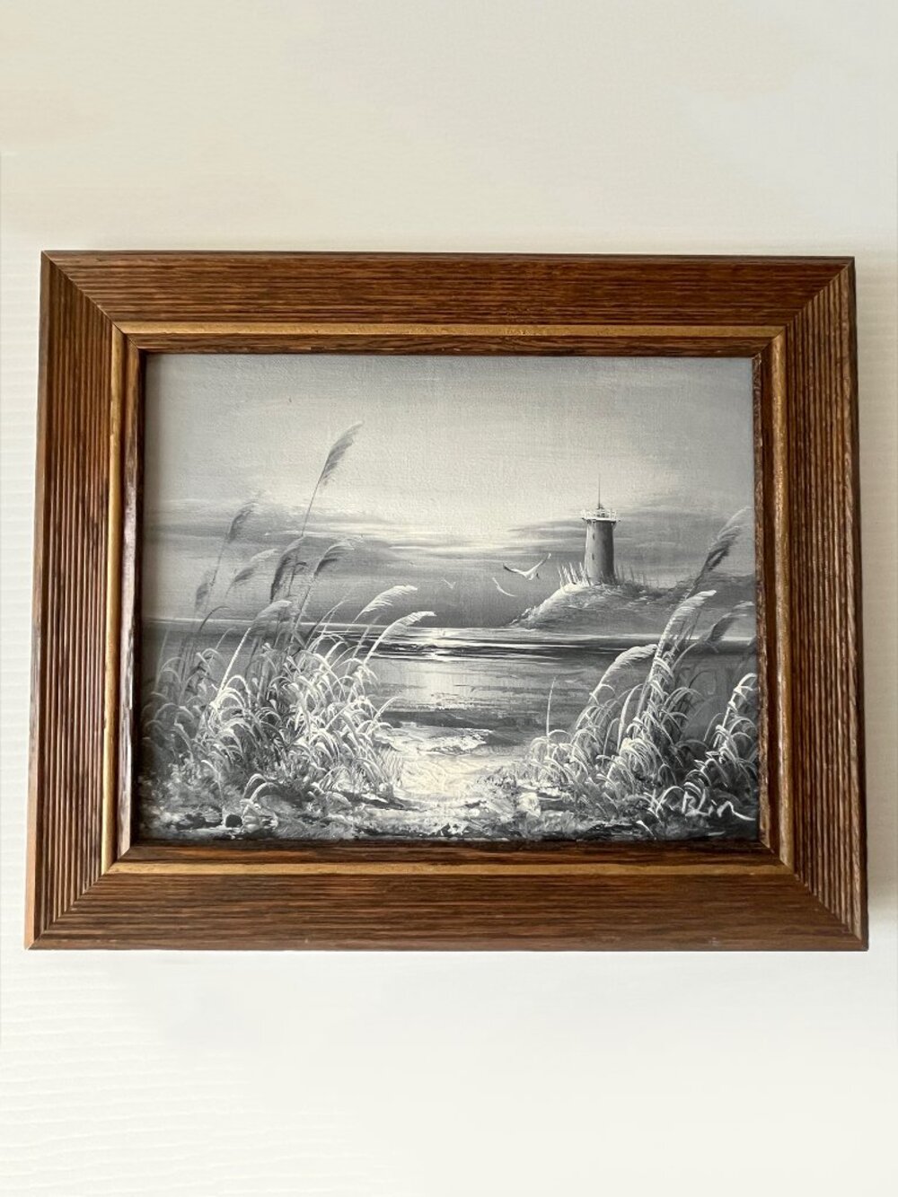 Vintage Midnight Lighthouse Seascape Oil/Acrylic on Wood Panel Signed K. Blin